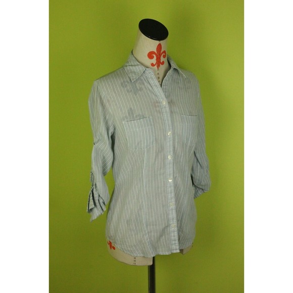 Converse One Star Sz S Women's Roll Tab Sleeve Cotton Shirt Top Blue Striped - Picture 4 of 9